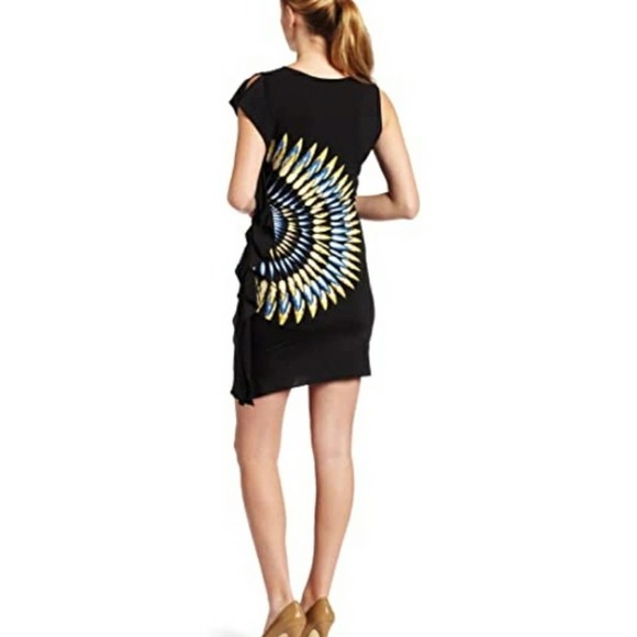 Black Feather Print Dress by BCBG MaxAzria Blue & Yellow / Size Medium - Picture 2 of 5
